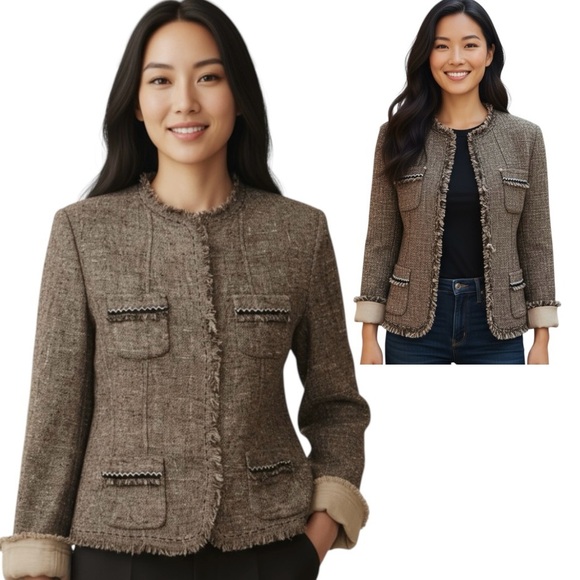Elie Tahari Tweed Blazer Tan Heathered Silk Cotton Virgin Wool Safari Chic Sz 8 - Picture 1 of 13